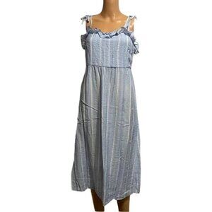 BCBG Paris Top Lined Blue & White Striped Dress Size XXL Tie Straps Side Pockets